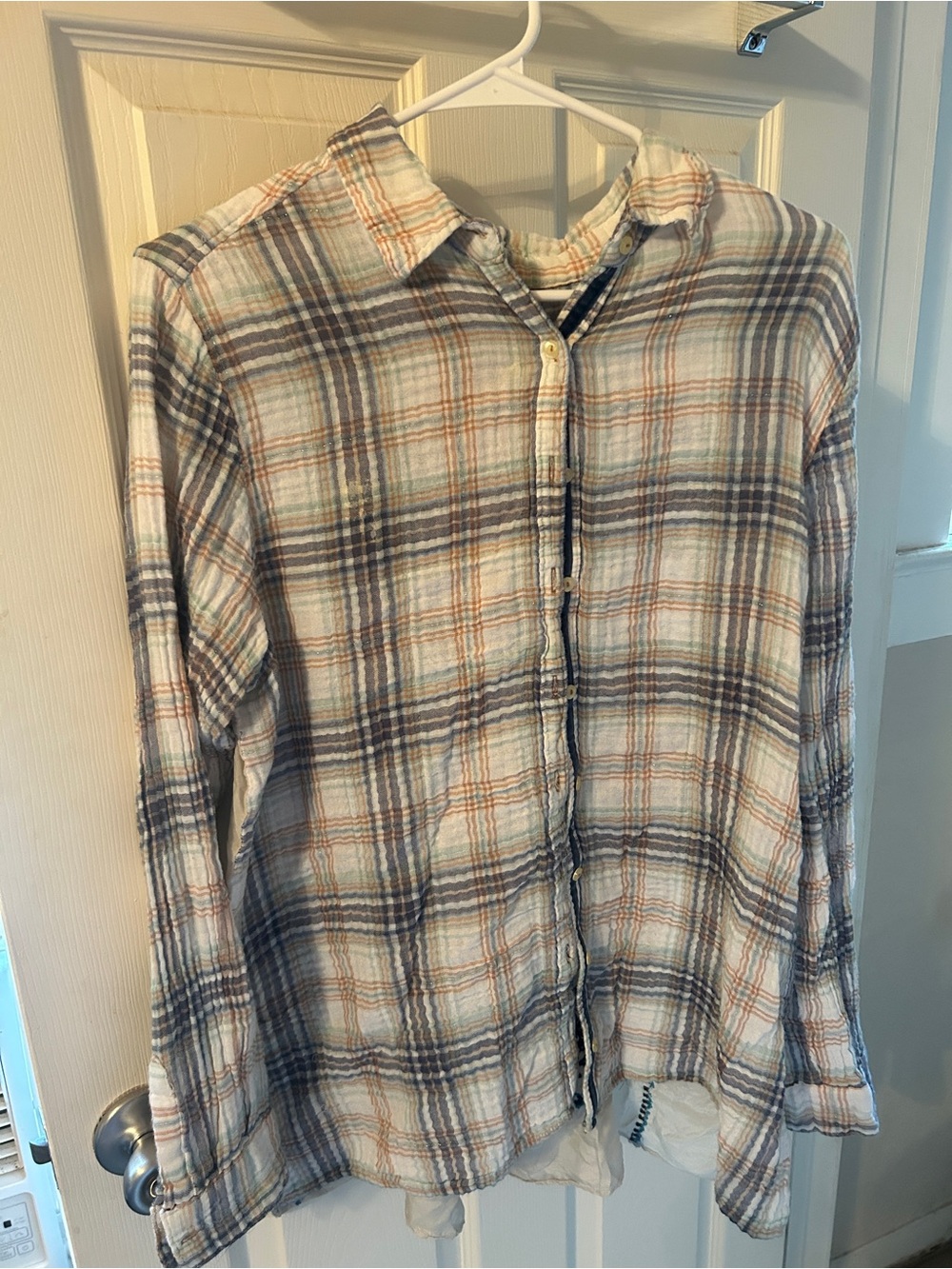 Johnny Was Plaid Button-Up Shirt Embroidered Scarf Back xl